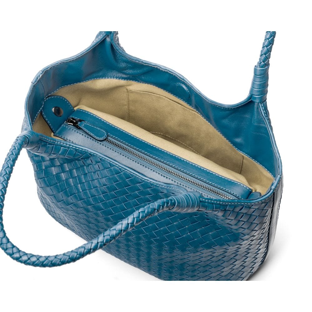 Woven leather tote, turquoise, inside view