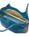 Woven leather tote, turquoise, inside view