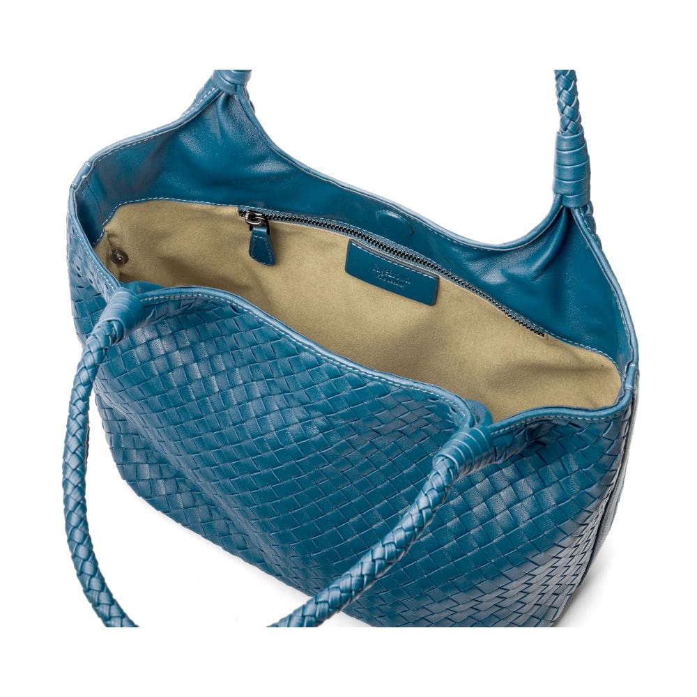 Woven leather tote, turquoise, open view