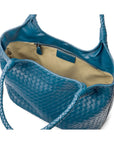 Woven leather tote, turquoise, open view