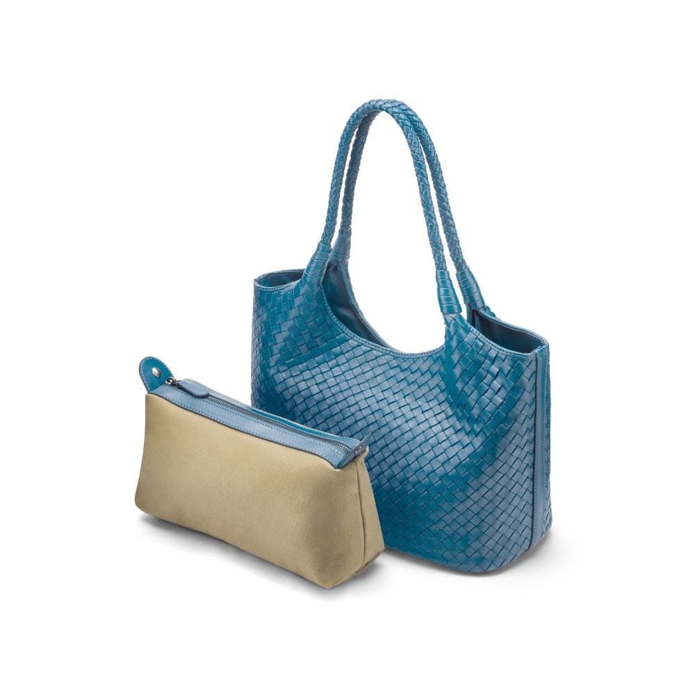 Woven leather tote, turquoise, with inner bag