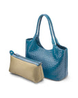 Woven leather tote, turquoise, with inner bag