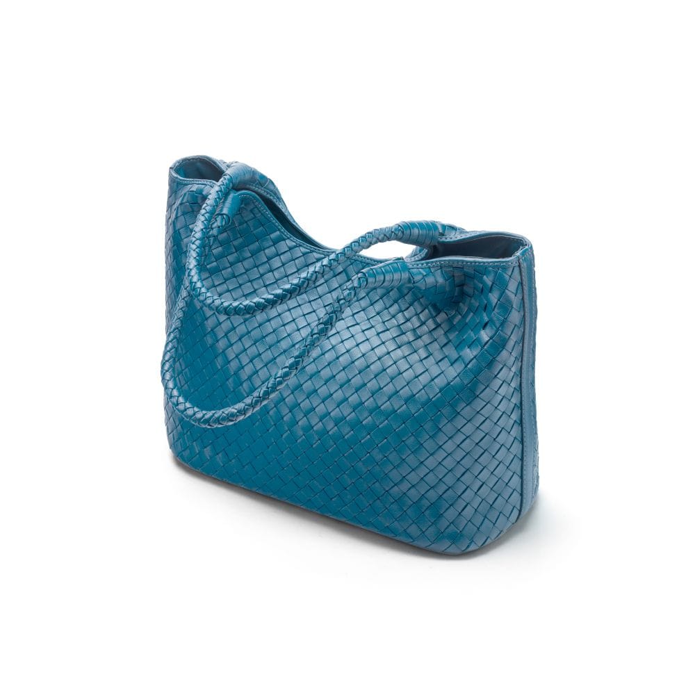 Woven leather tote, turquoise, side view