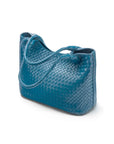 Woven leather tote, turquoise, side view