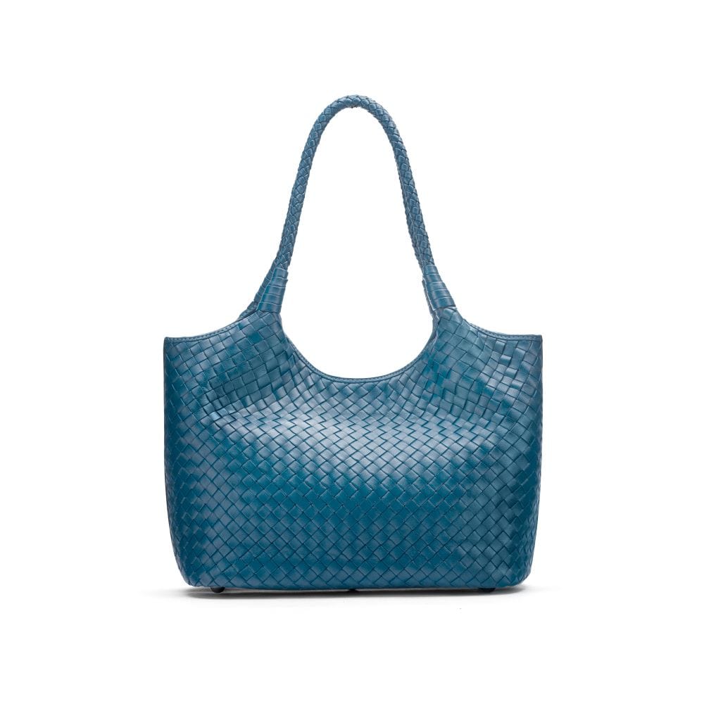 Woven leather tote, turquoise, front view 2
