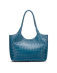 Woven leather tote, turquoise, front view 2