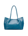 Woven leather large tote, turquoise, front view