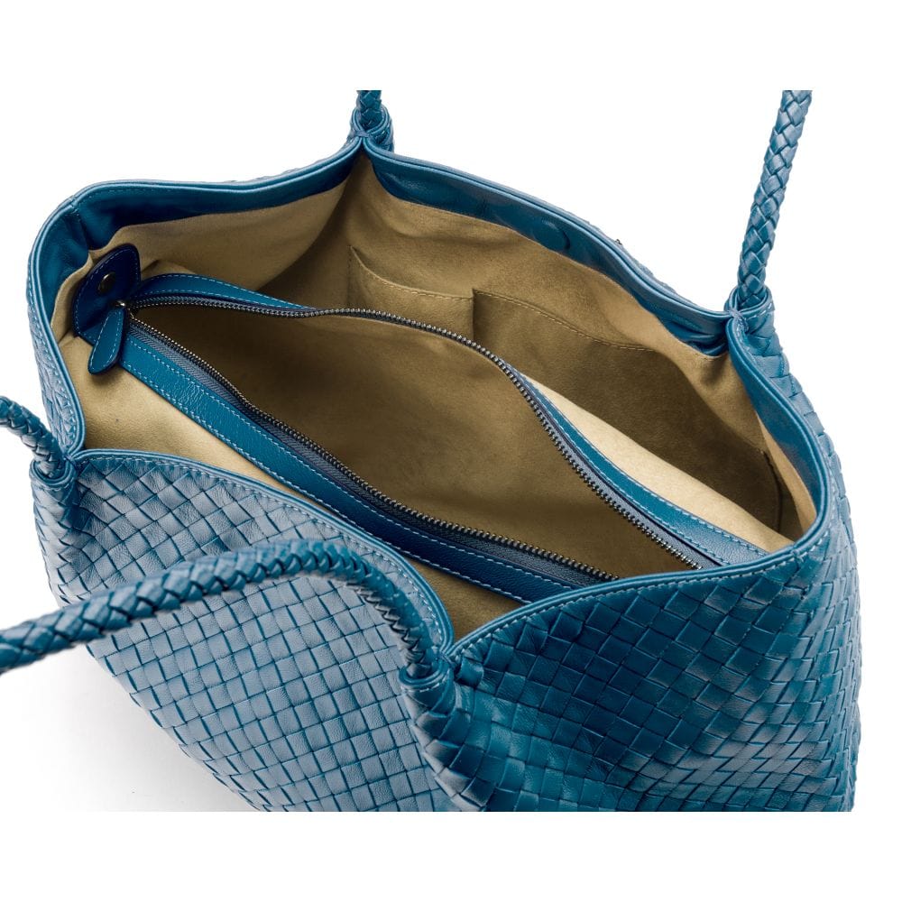 Woven leather large tote, turquoise, inside view