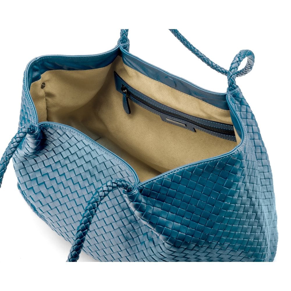 Woven leather large tote, turquoise, inside view