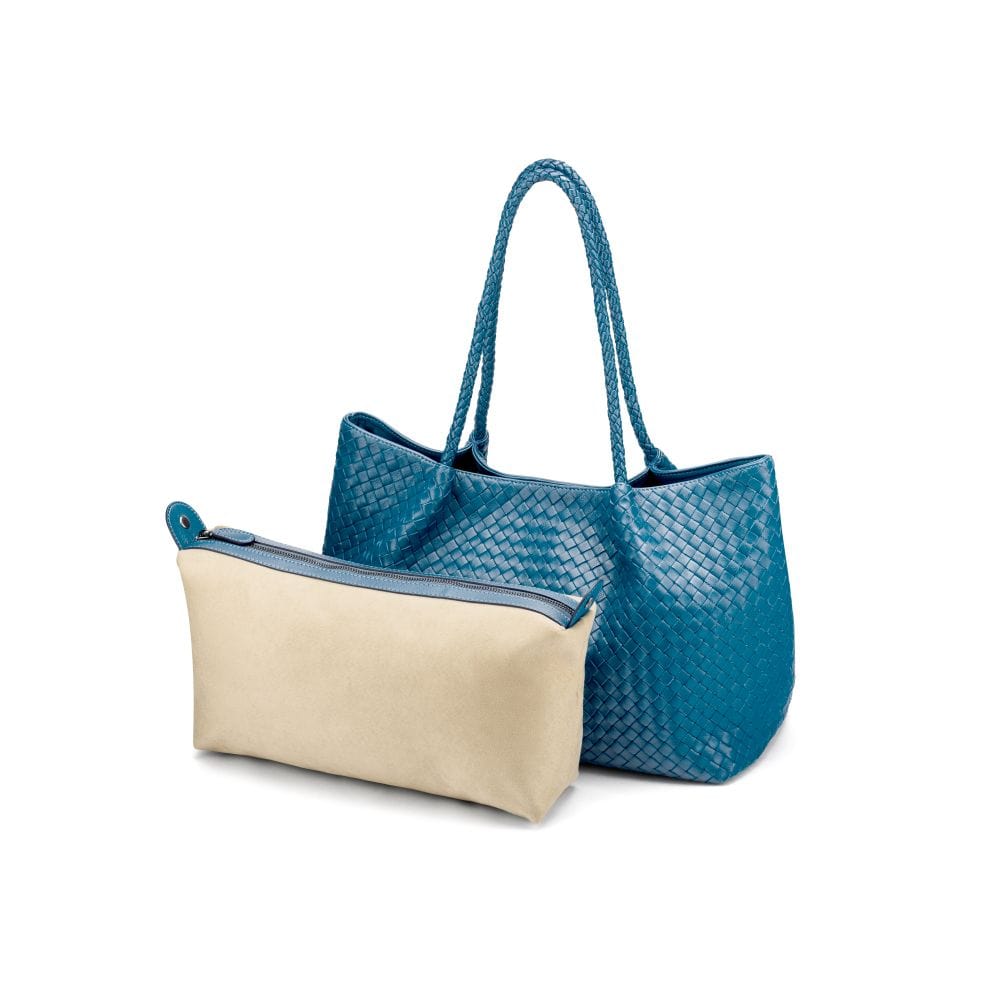 Woven leather large tote, turquoise, with inner bag