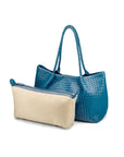 Woven leather large tote, turquoise, with inner bag