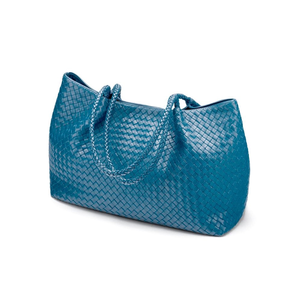 Woven leather large tote, turquoise, side view
