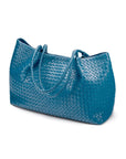 Woven leather large tote, turquoise, side view