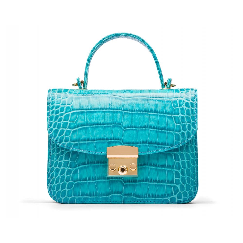 Small leather top handle bag, turquoise croc, front