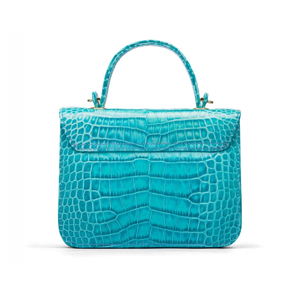 Small leather top handle bag, turquoise croc, back