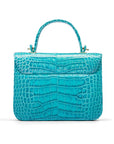 Small leather top handle bag, turquoise croc, back