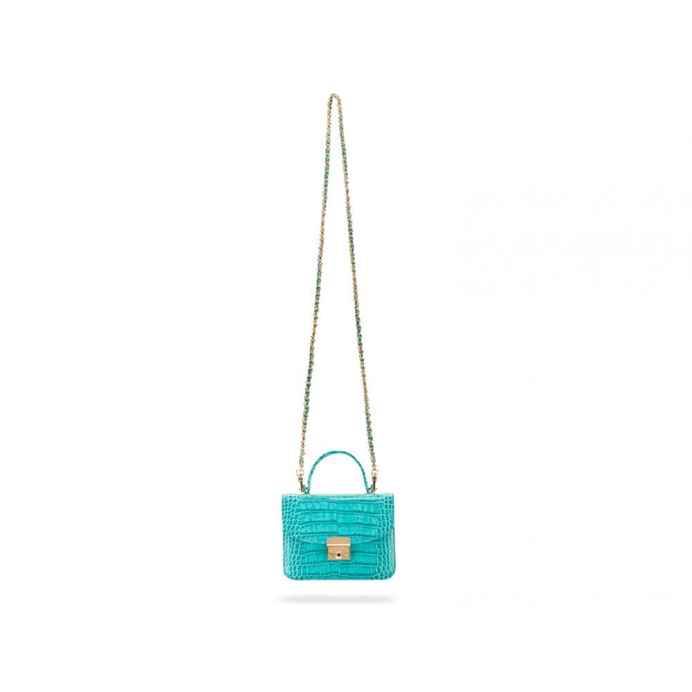Small leather top handle bag, turquoise croc