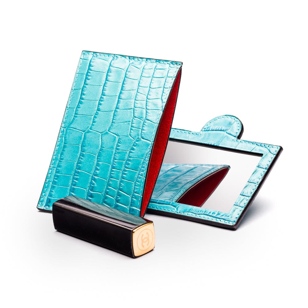 Compact leather mirror, turquoise croc