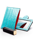 Compact leather mirror, turquoise croc