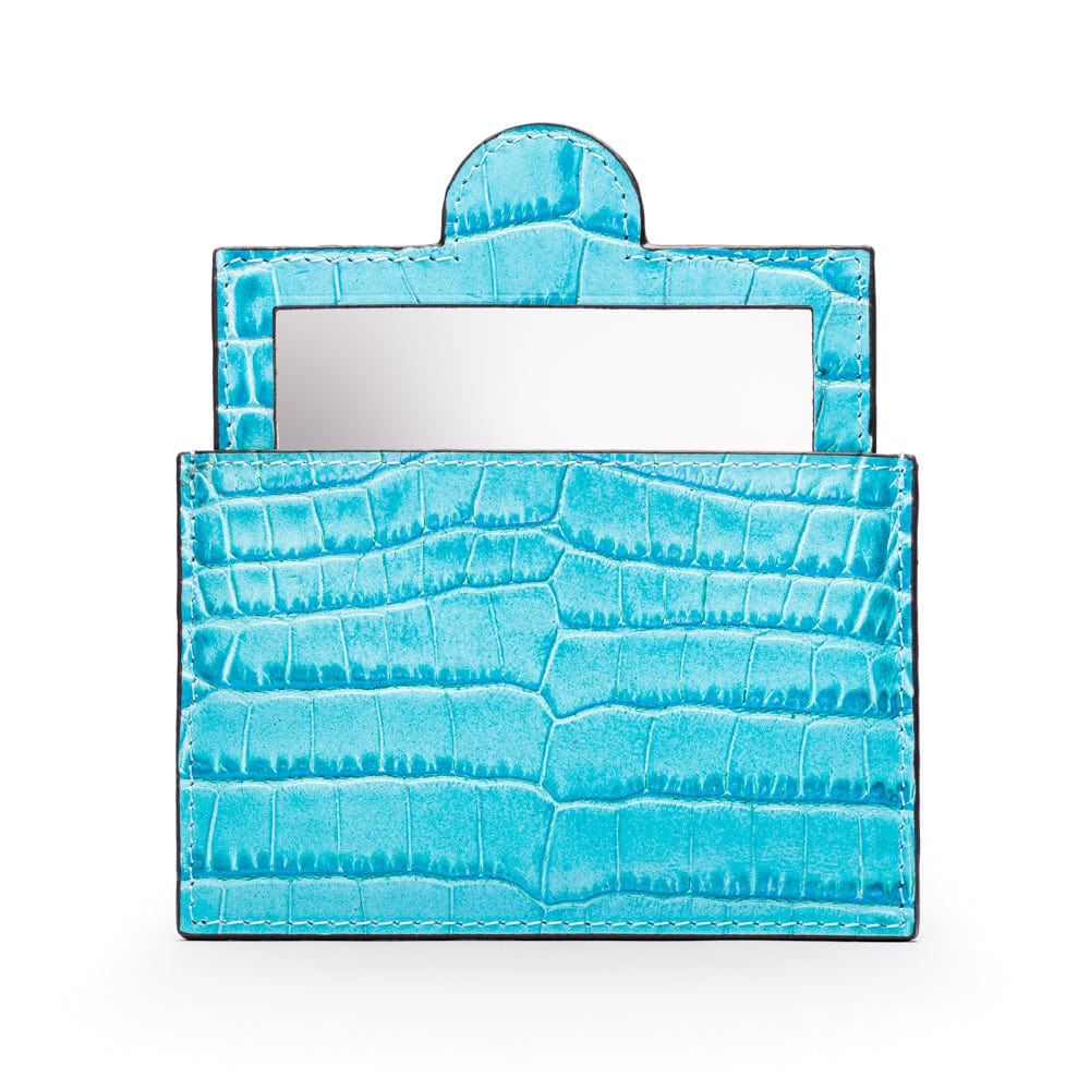 Compact leather mirror, turquoise croc, front