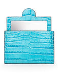 Compact leather mirror, turquoise croc, front