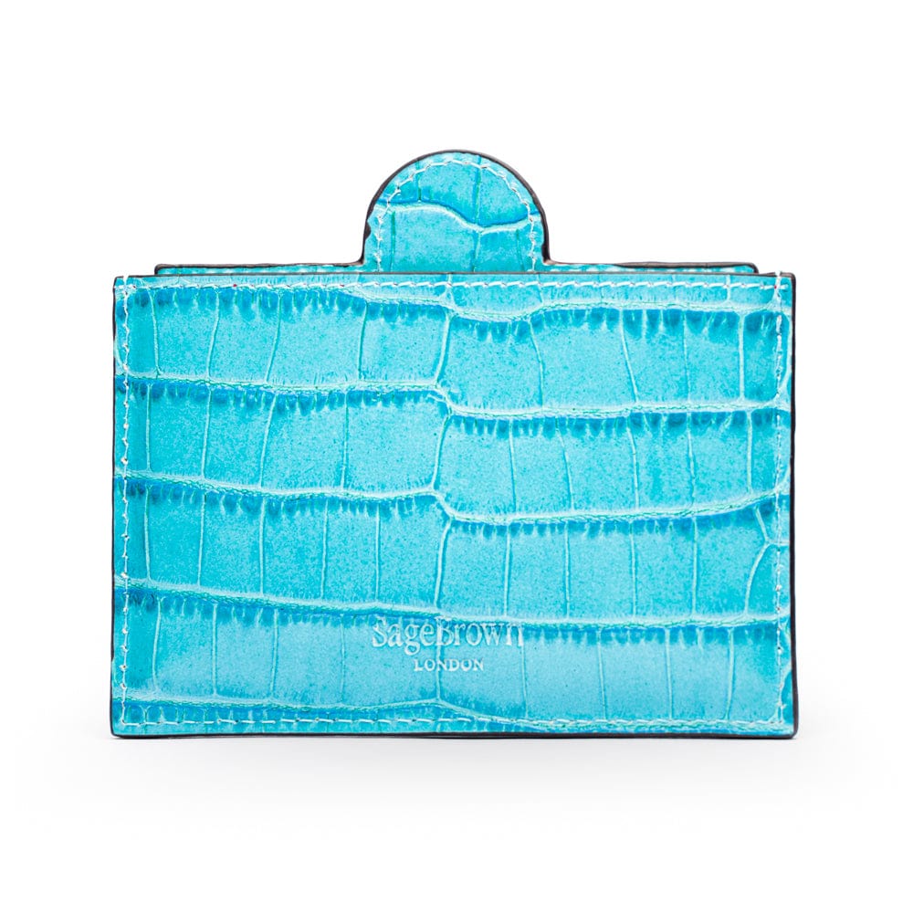 Compact leather mirror, turquoise croc, back
