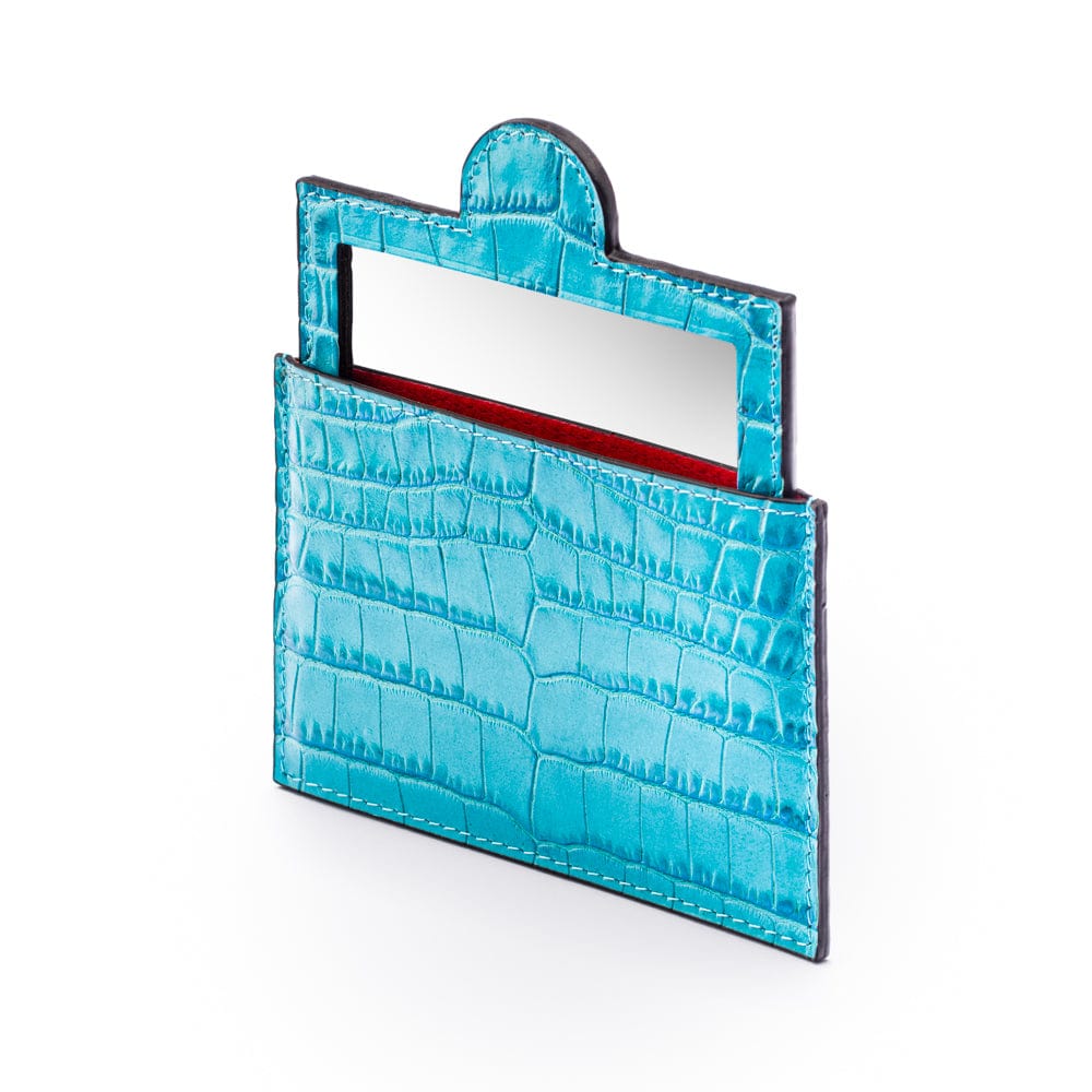 Compact leather mirror, turquoise croc, side