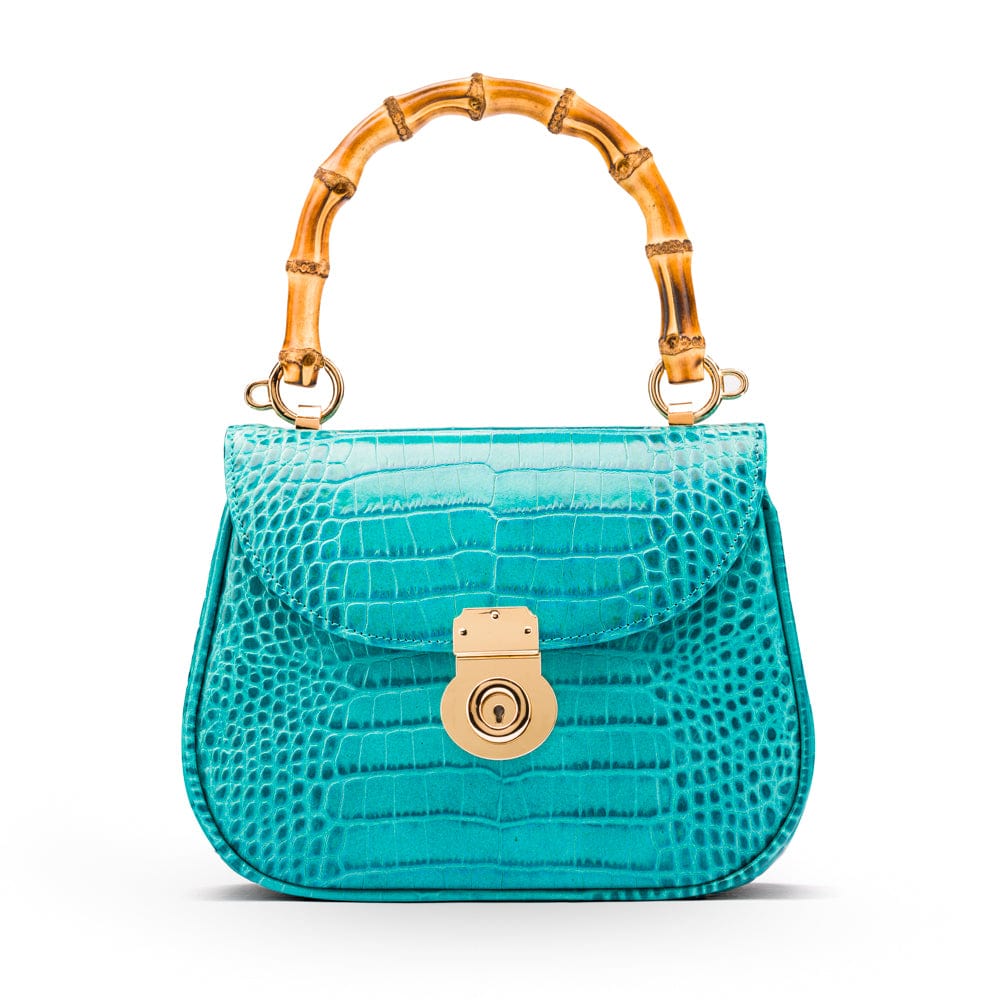 Bamboo handle bag, turquoise croc, front view
