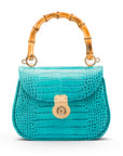 Bamboo handle bag, turquoise croc, front view