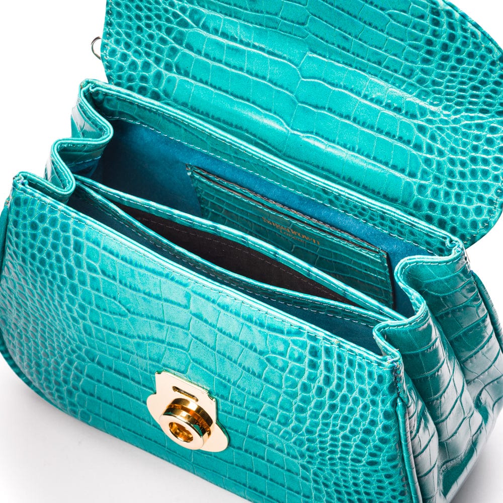 Bamboo handle bag, turquoise croc, inside view