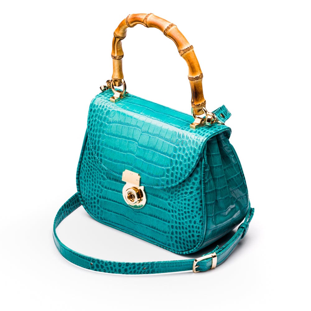 Bamboo handle bag, turquoise croc, long strapront view