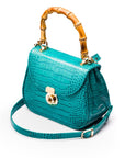 Bamboo handle bag, turquoise croc, long strapront view