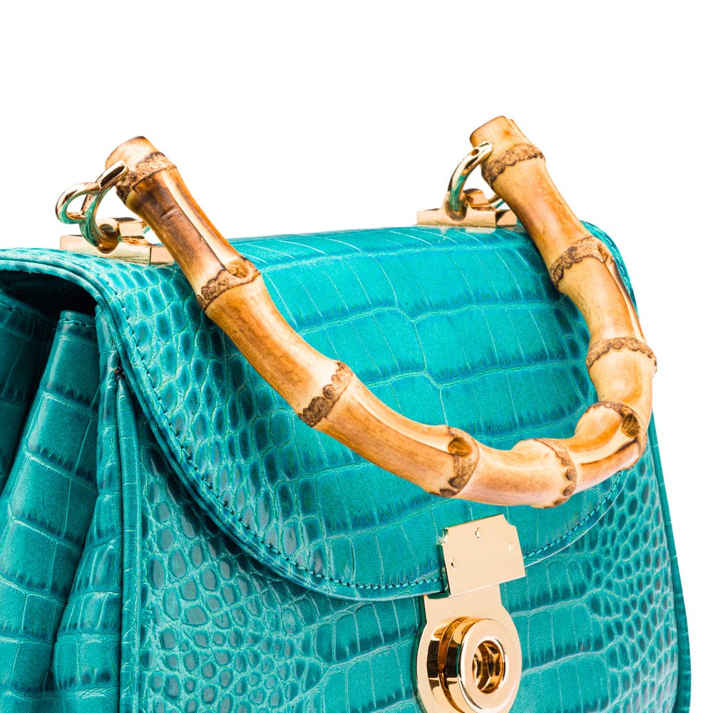 Bamboo handle bag, turquoise croc, handle close-up