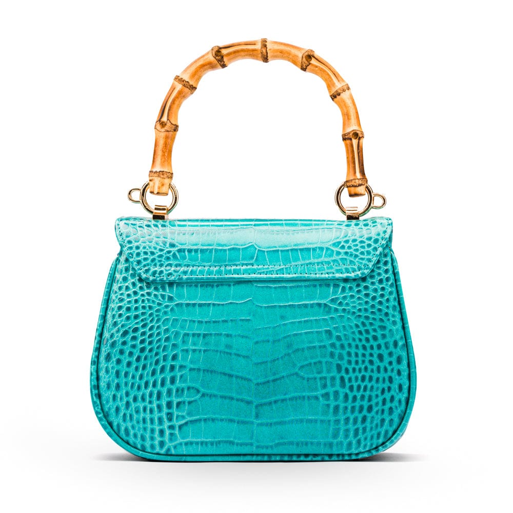 Bamboo handle bag, turquoise croc, back view