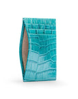 Leather credit card holder, turquoise croc, open