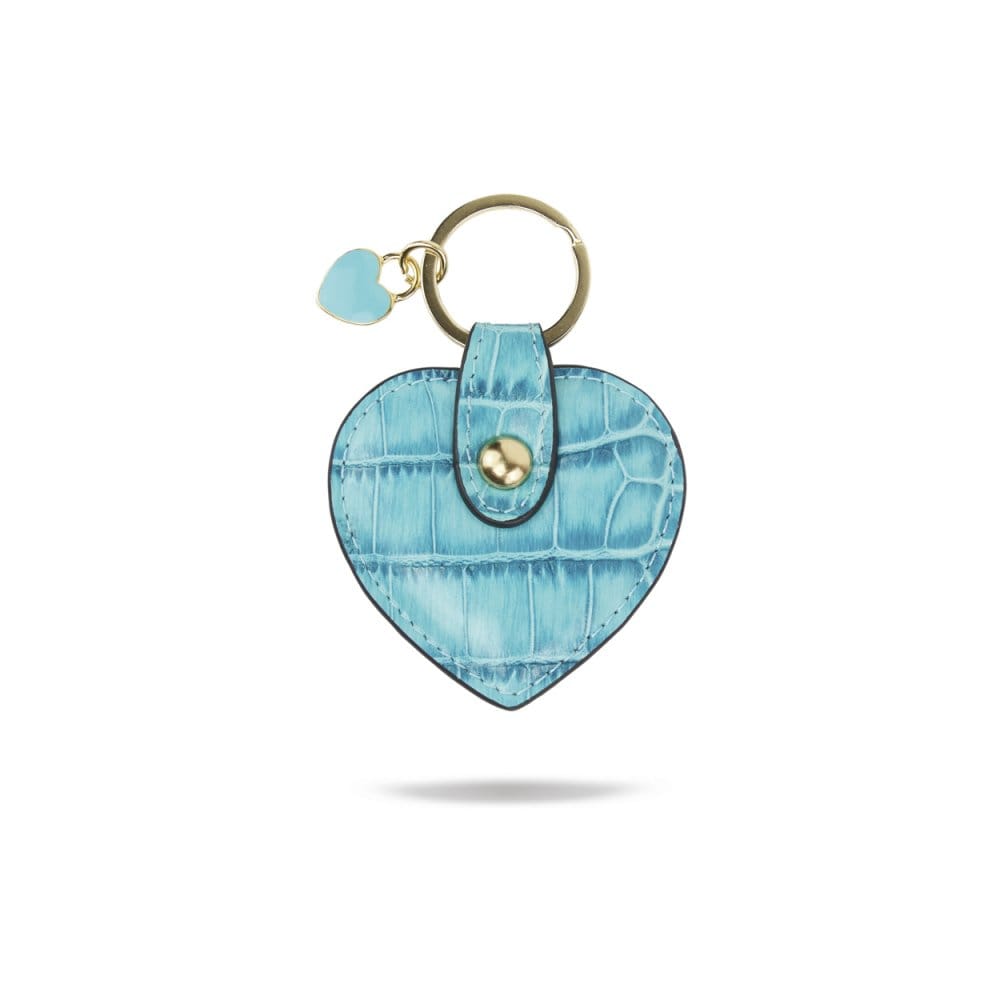 Leather heart shaped key ring, turquoise croc, front