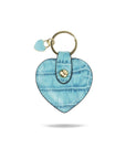 Leather heart shaped key ring, turquoise croc, front