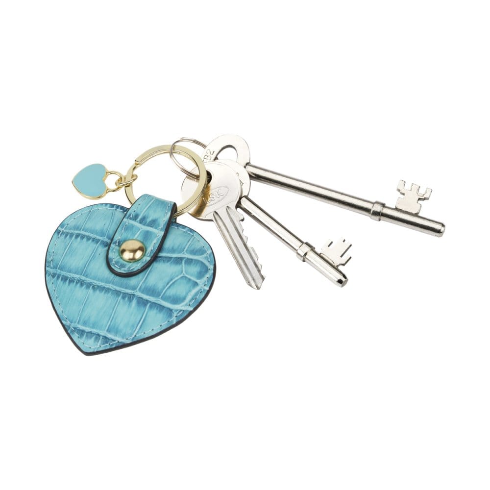 Leather heart shaped key ring, turquoise croc