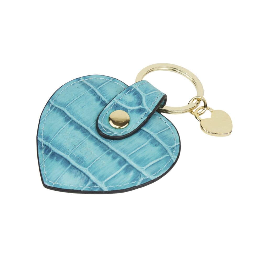 Leather heart shaped key ring, turquoise croc, front