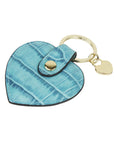 Leather heart shaped key ring, turquoise croc, front