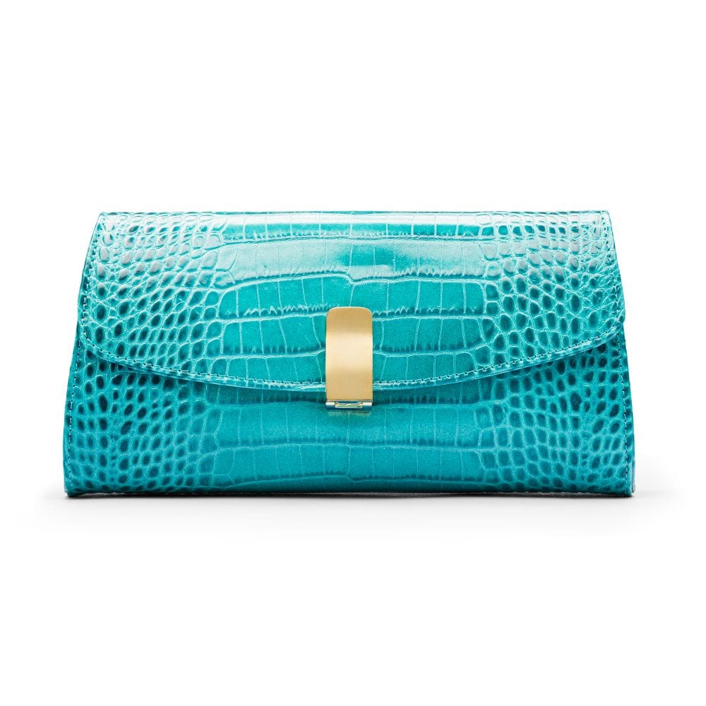 Leather clutch bag, turquoise croc, front view