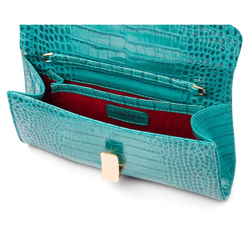 Leather clutch bag, turquoise croc, inside view