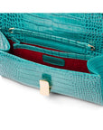 Leather clutch bag, turquoise croc, inside view