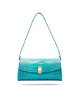 Leather clutch bag, turquoise croc, short strap