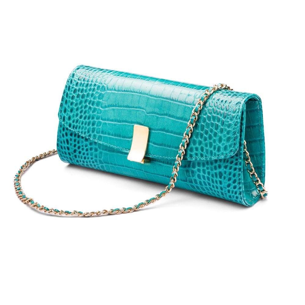 Leather clutch bag, turquoise croc, long chain strap