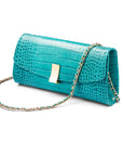 Leather clutch bag, turquoise croc, long chain strap