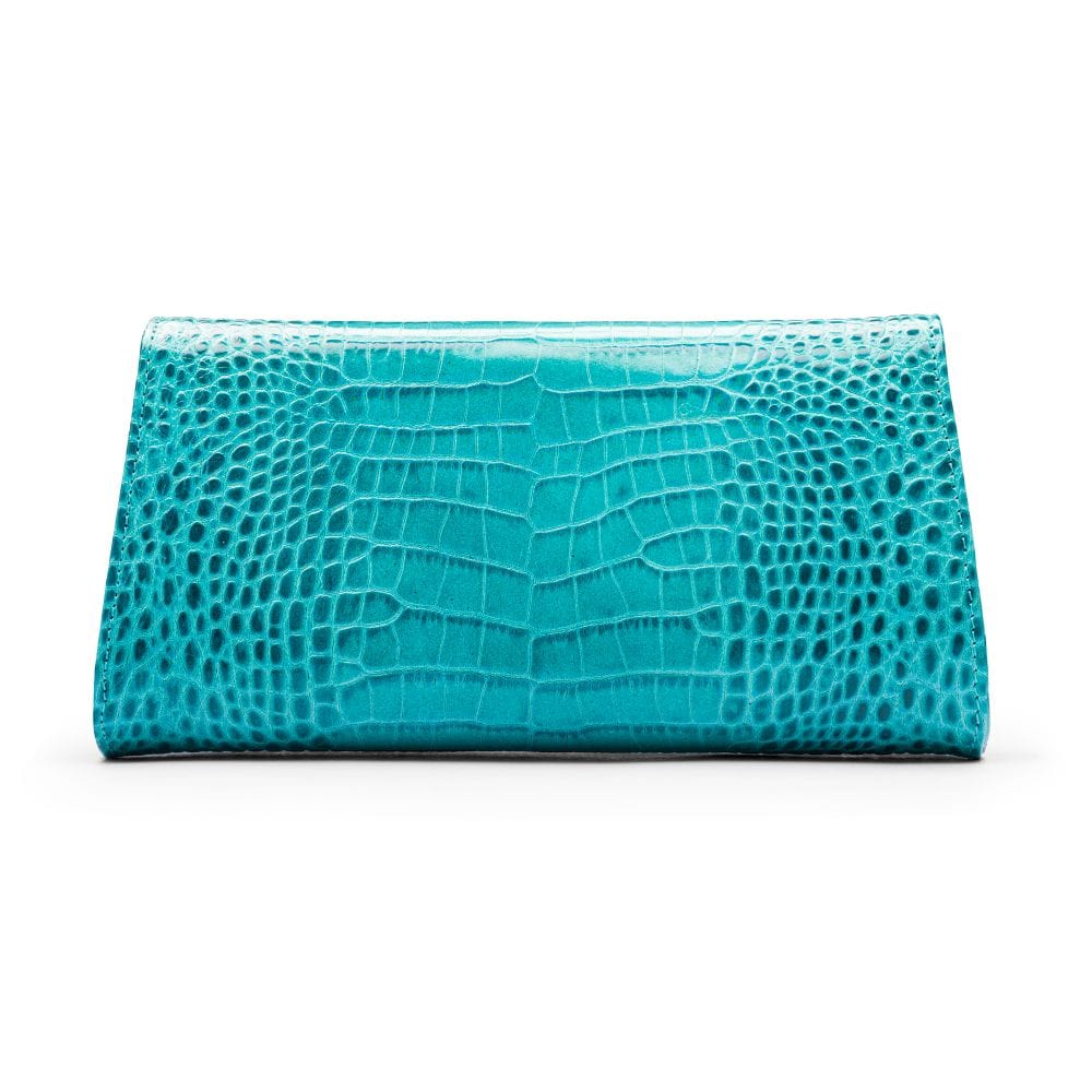 Leather clutch bag, turquoise croc, back view