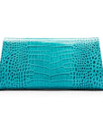 Leather clutch bag, turquoise croc, back view