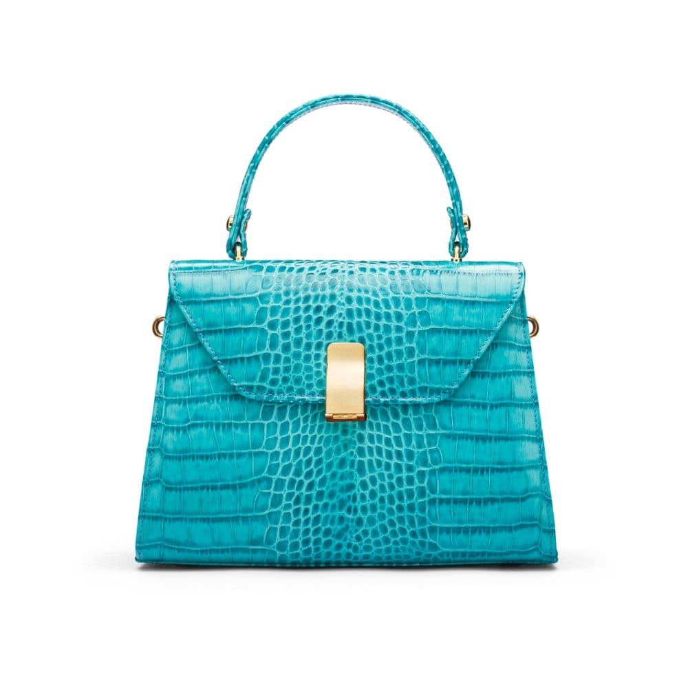 Leather top handle bag, turquoise croc, front