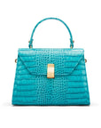 Leather top handle bag, turquoise croc, front